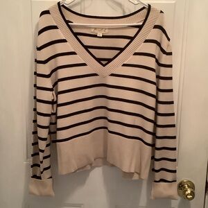 Marled Cream and Black Striped V-Neck Sweater